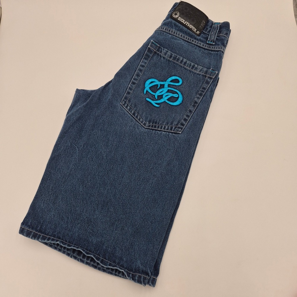 Southpole Mens Baggy Denim Shorts Blue Embroidered Logo Y2K Streetwear Size 29